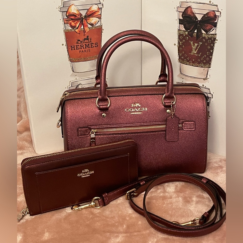 Coach Metallic Burgundy Rowan Satchel and Wallet Set